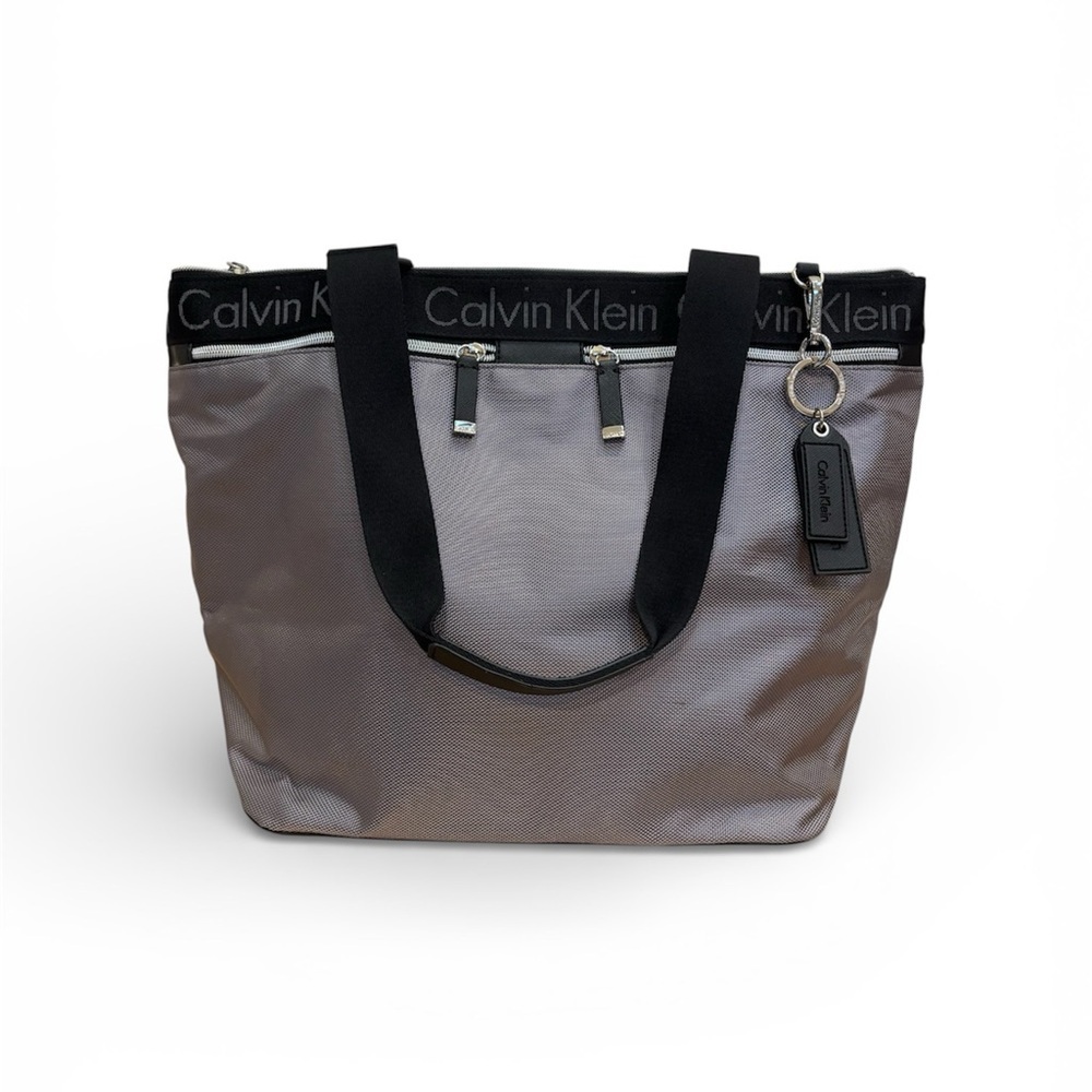Calvin Klein Large Nylon Zip Tote Bag Gunmetal Gray Logo Straps Travel Work NEW